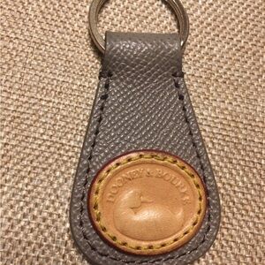 Dooney & Bourke Gray Leather Key Fob with Tan Logo Patch and Yellow Stitching